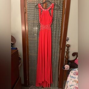 Morgan & Co. Bright Coral Beaded Halter Evening Gown